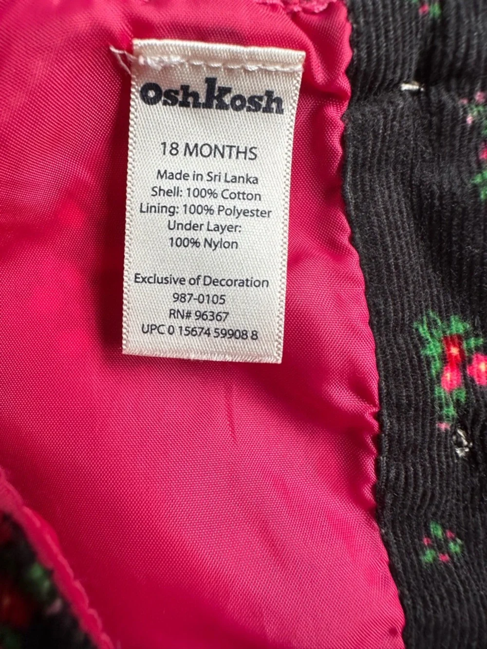 OshKosh B'gosh Black Pink Floral Corduroy Dress Size 18 Months EUC